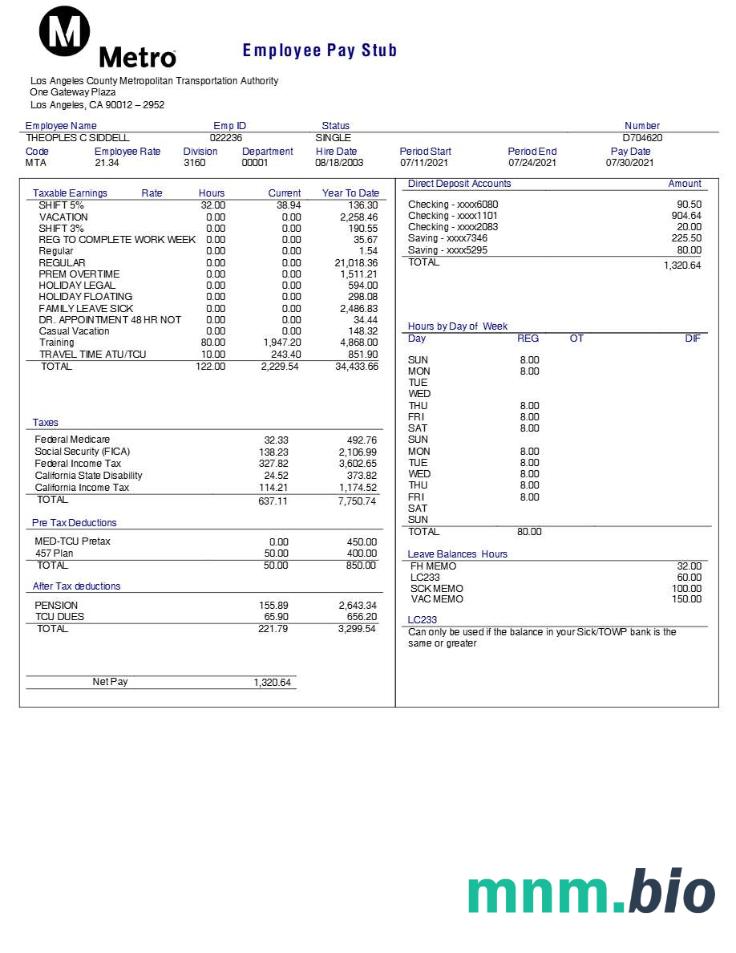 Los Angeles County Metropolitan Transportation Authority pracownik pay stub, 2